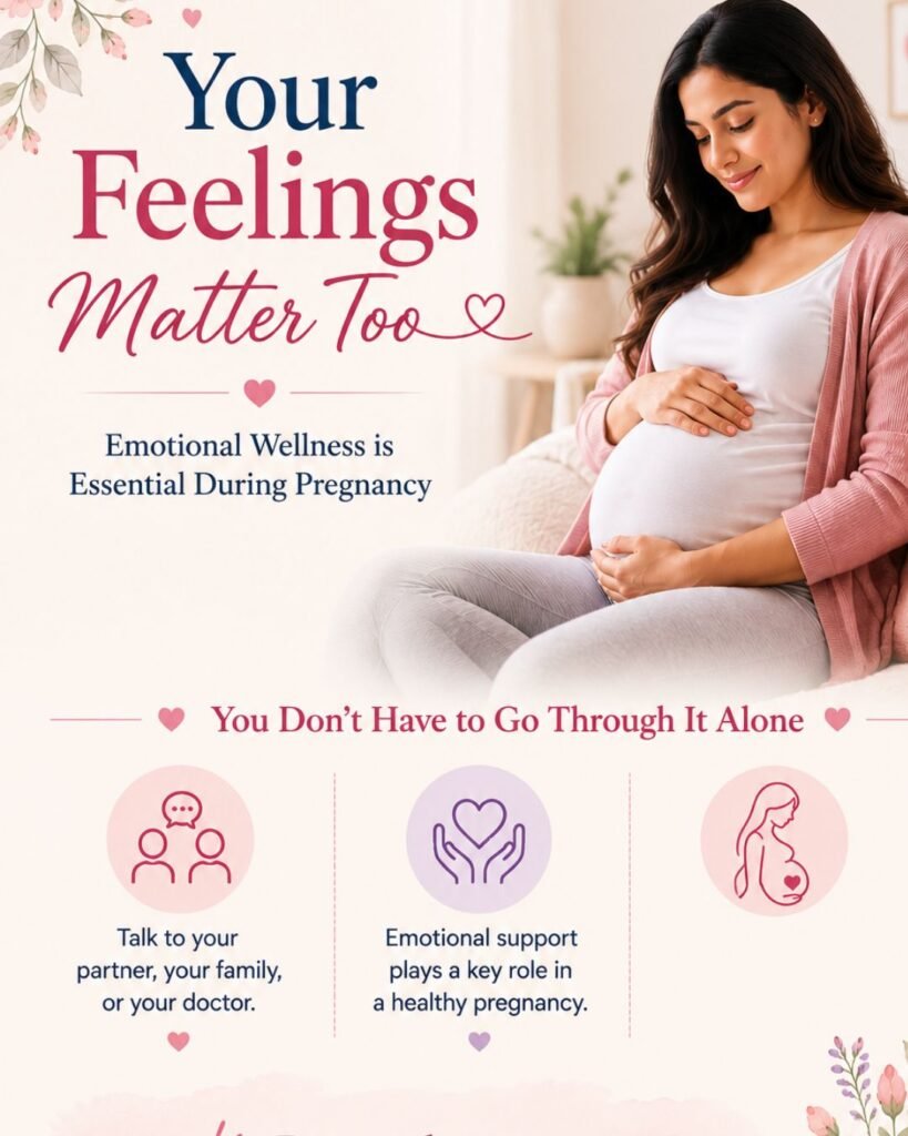 Pregnancy emotional wellness poster featuring a pregnant woman with supportive messaging about mental health and emotional support during pregnancy