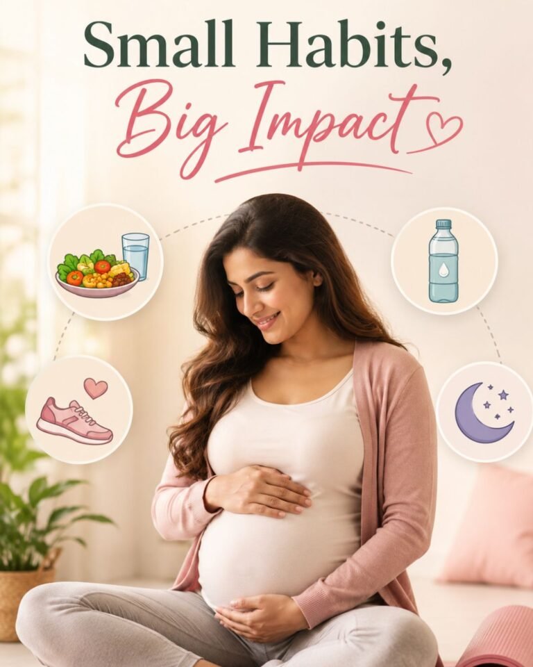 Healthy pregnancy habits infographic showing a pregnant woman with icons for nutrition, hydration, exercise, and proper sleep